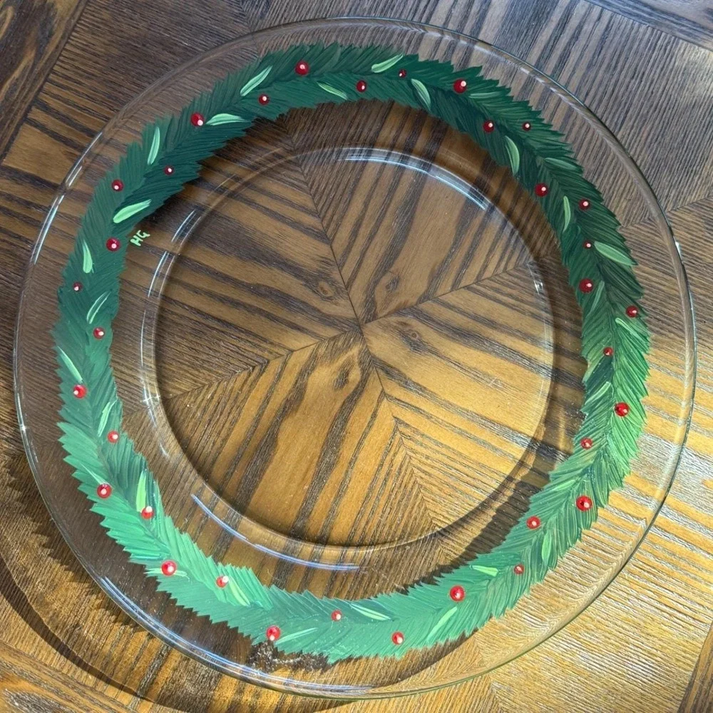 Hand Painted Glass Platter - Pine Wreath Berries - Signed HG - 13 Inch Charger